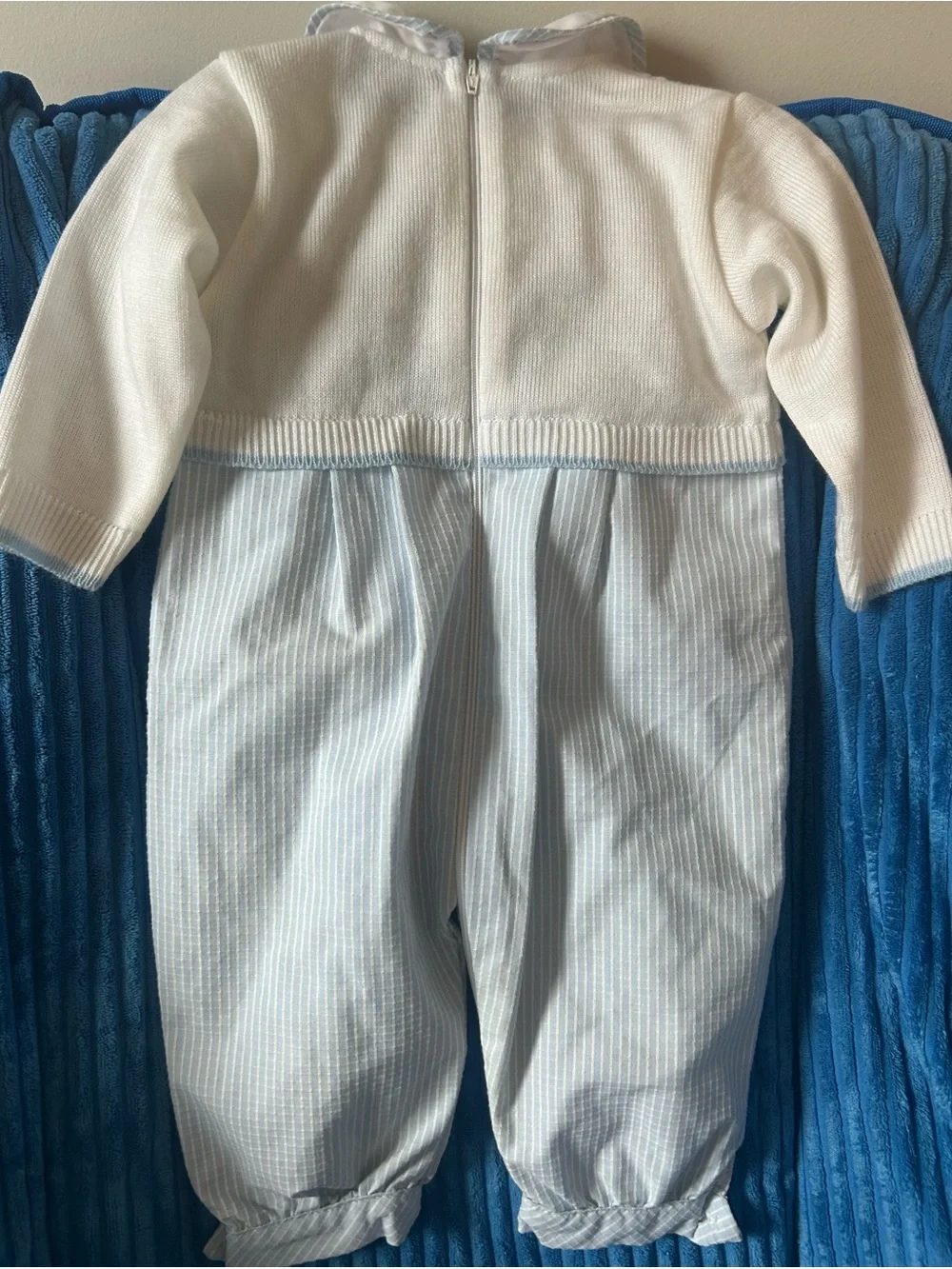 Carriage Boutique Boy’s Baby Blue/White Sweater One-piece Romper Bunny Train 9M